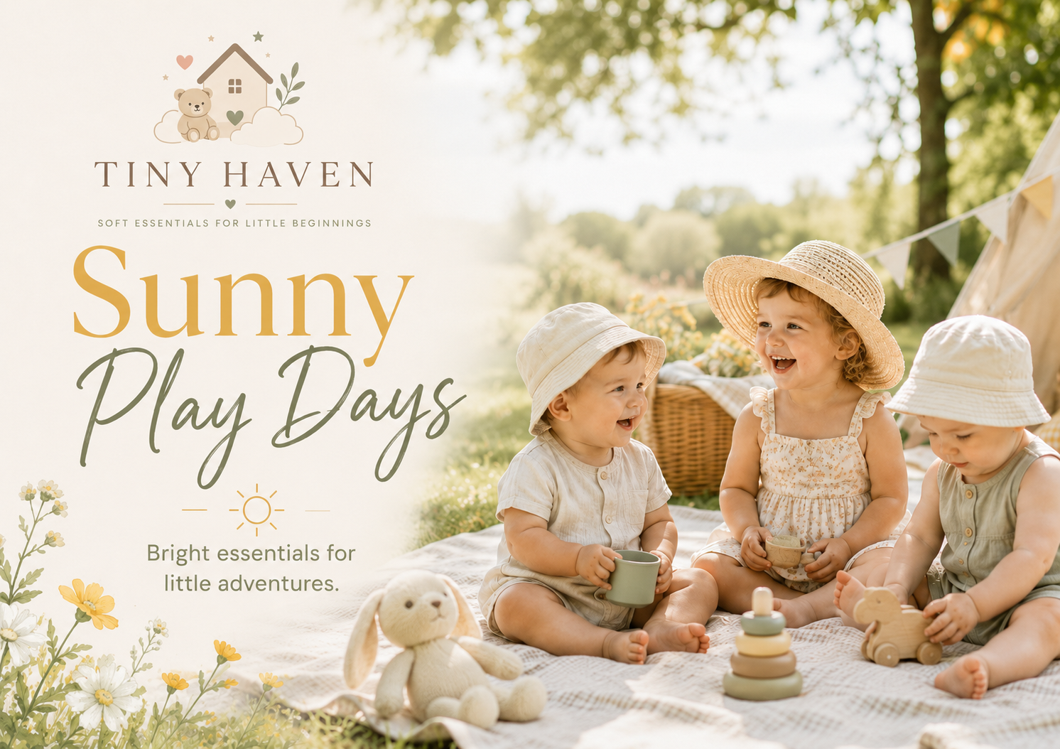 Tiny Haven Sunny Play Days collection featuring baby and toddler summer outfits, sun hats, and outdoor play essentials