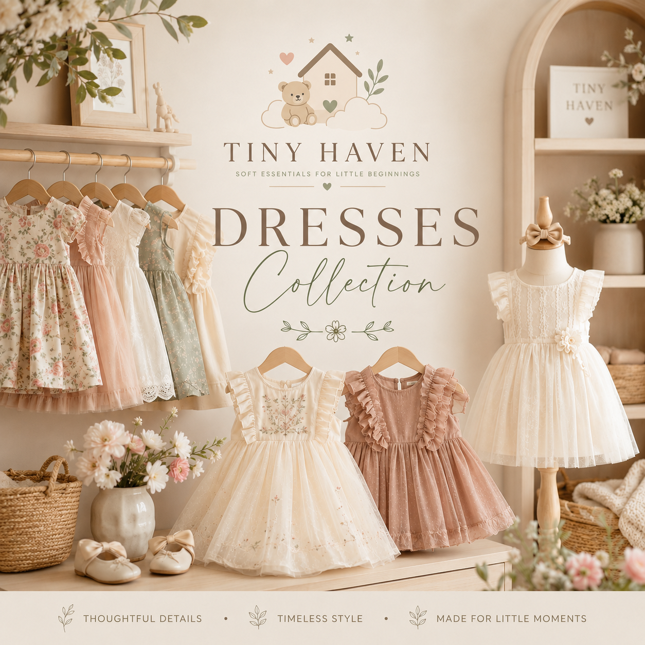 Baby and toddler dresses collection with floral, ruffle, and special occasion dresses from Tiny Haven.