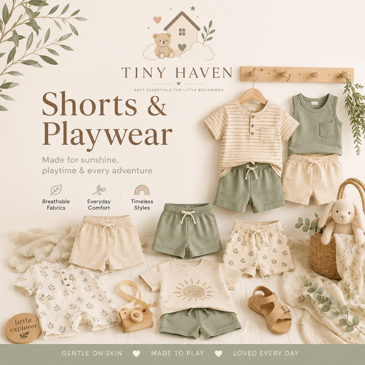 Baby and toddler shorts and playwear collection with breathable summer outfits, soft neutral styles, and Tiny Haven branding.