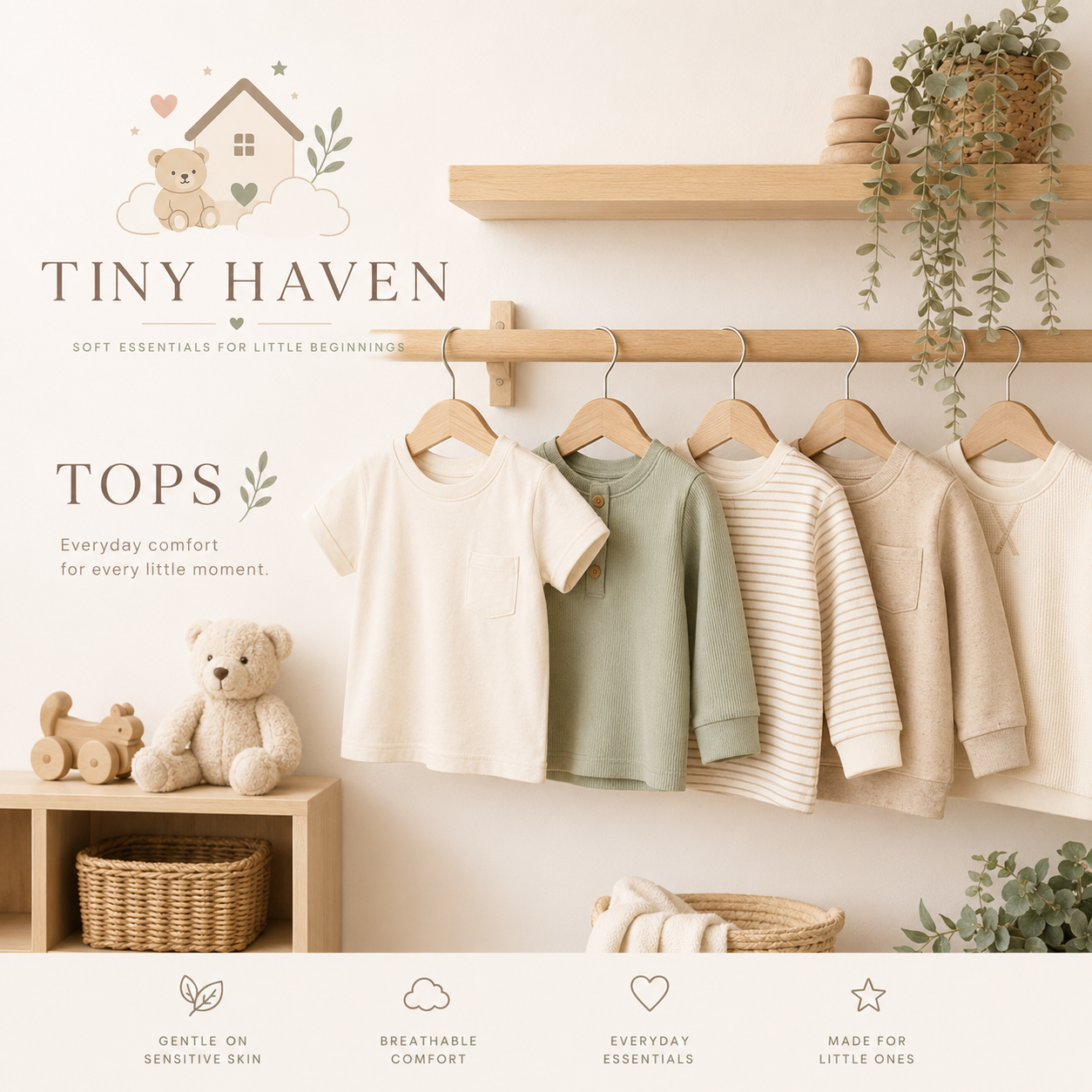 Baby and toddler tops collection with soft neutral shirts, long sleeve styles, and Tiny Haven branding.