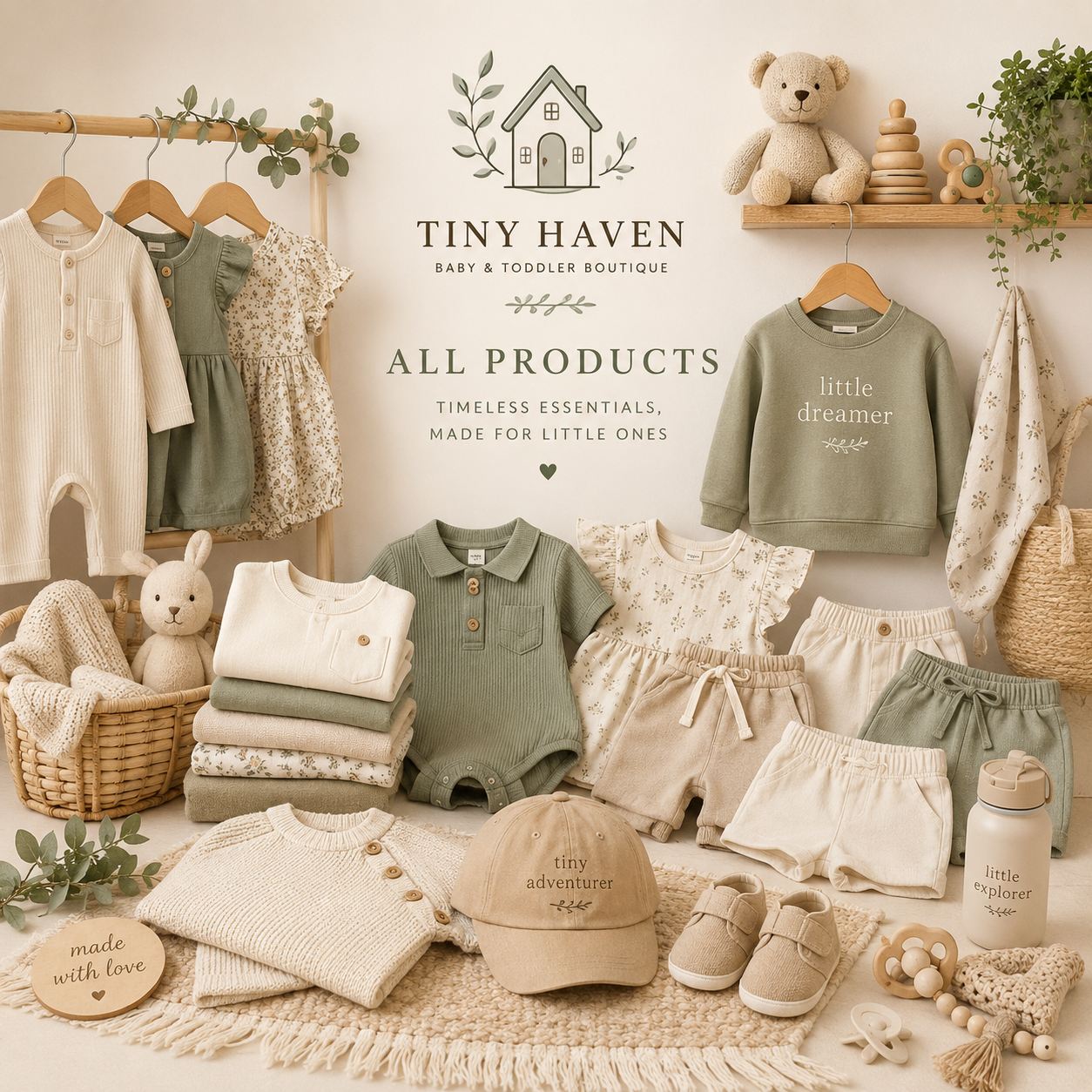 Tiny Haven all products collection featuring baby and toddler clothes, rompers, dresses, shorts, accessories, and soft neutral essentials.