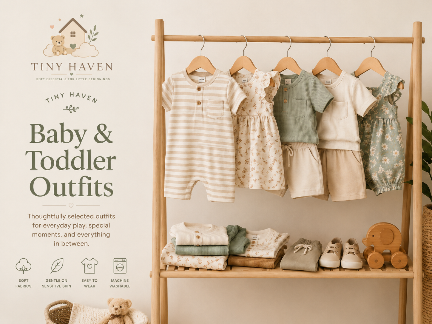 Baby and toddler outfits collection with soft everyday clothing, dresses, rompers, and neutral styles from Tiny Haven.