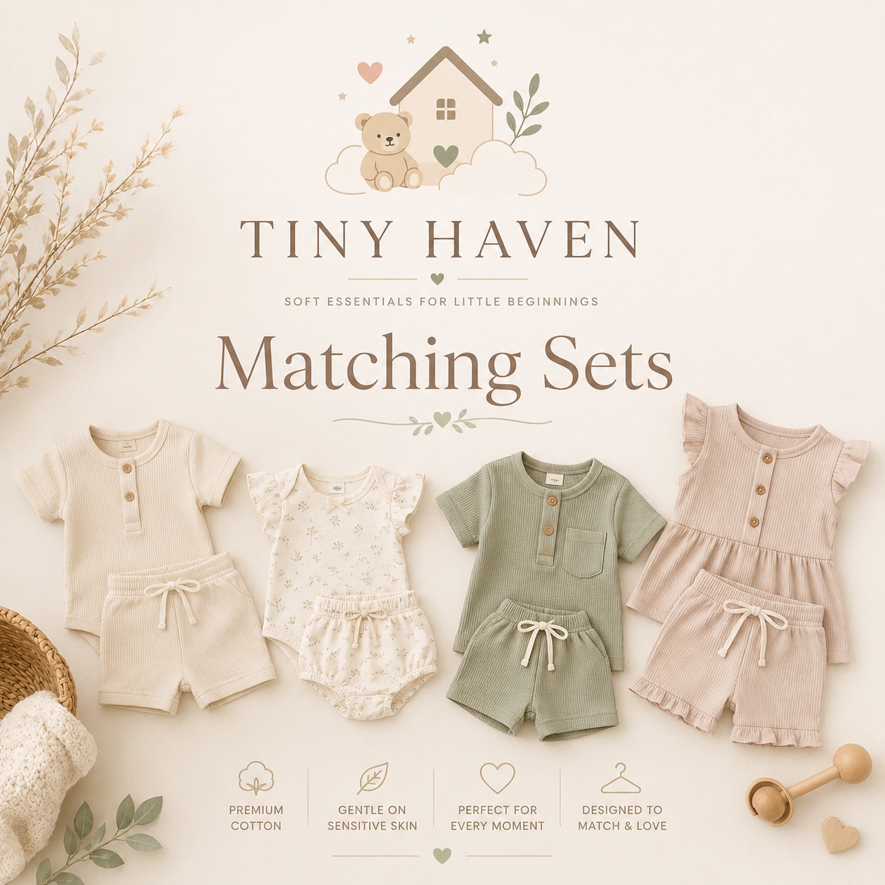 Baby and toddler matching sets collection with soft cotton outfits, neutral colors, and Tiny Haven branding.