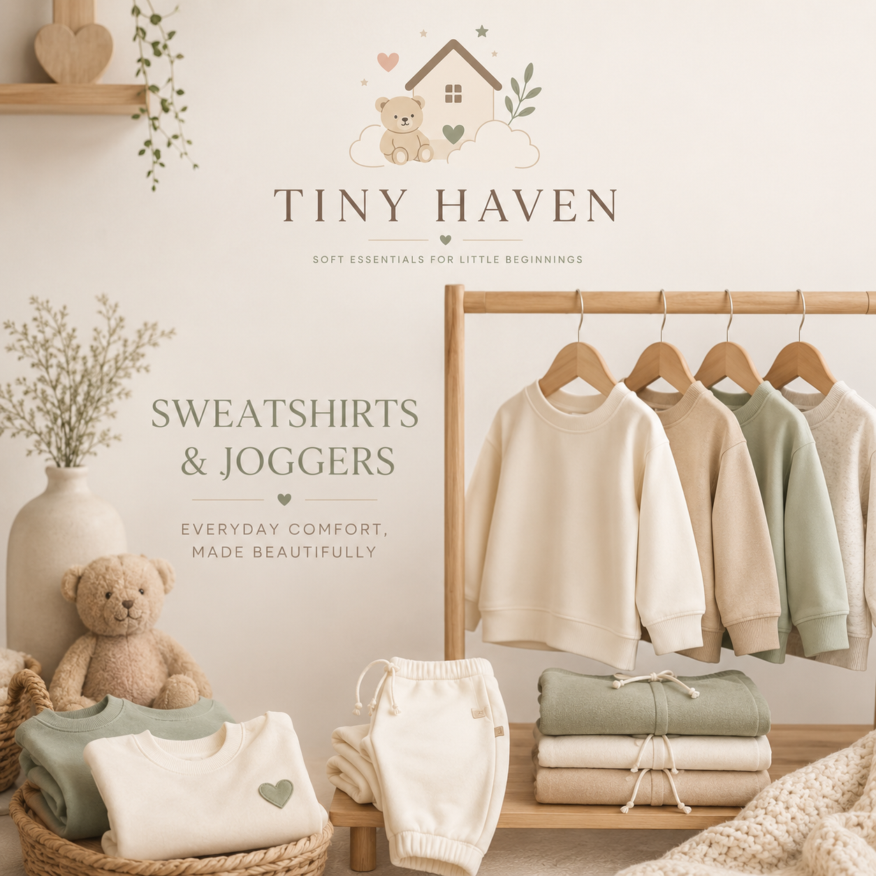 Baby and toddler sweatshirts and joggers collection with soft neutral loungewear, cozy layers, and Tiny Haven branding.