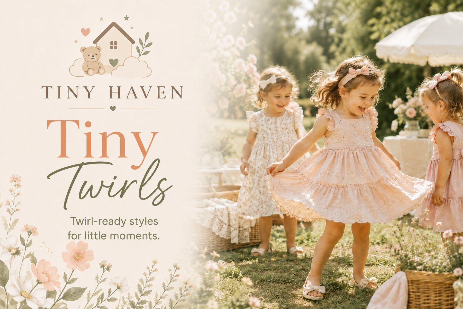 Tiny Haven Tiny Twirls collection featuring toddler girls in pastel dresses, boutique twirl-ready outfits, and soft garden-inspired styles