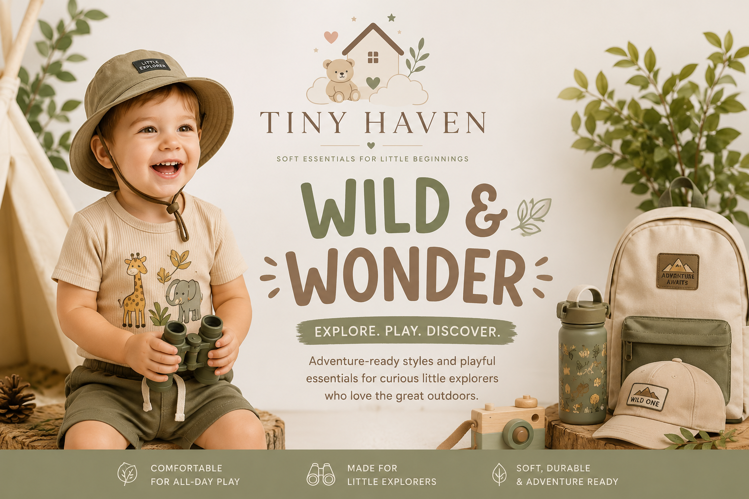 Tiny Haven Wild & Wonder collection featuring adventure-ready toddler outfits, outdoor play essentials, explorer hat, backpack, and nature-inspired kids accessories