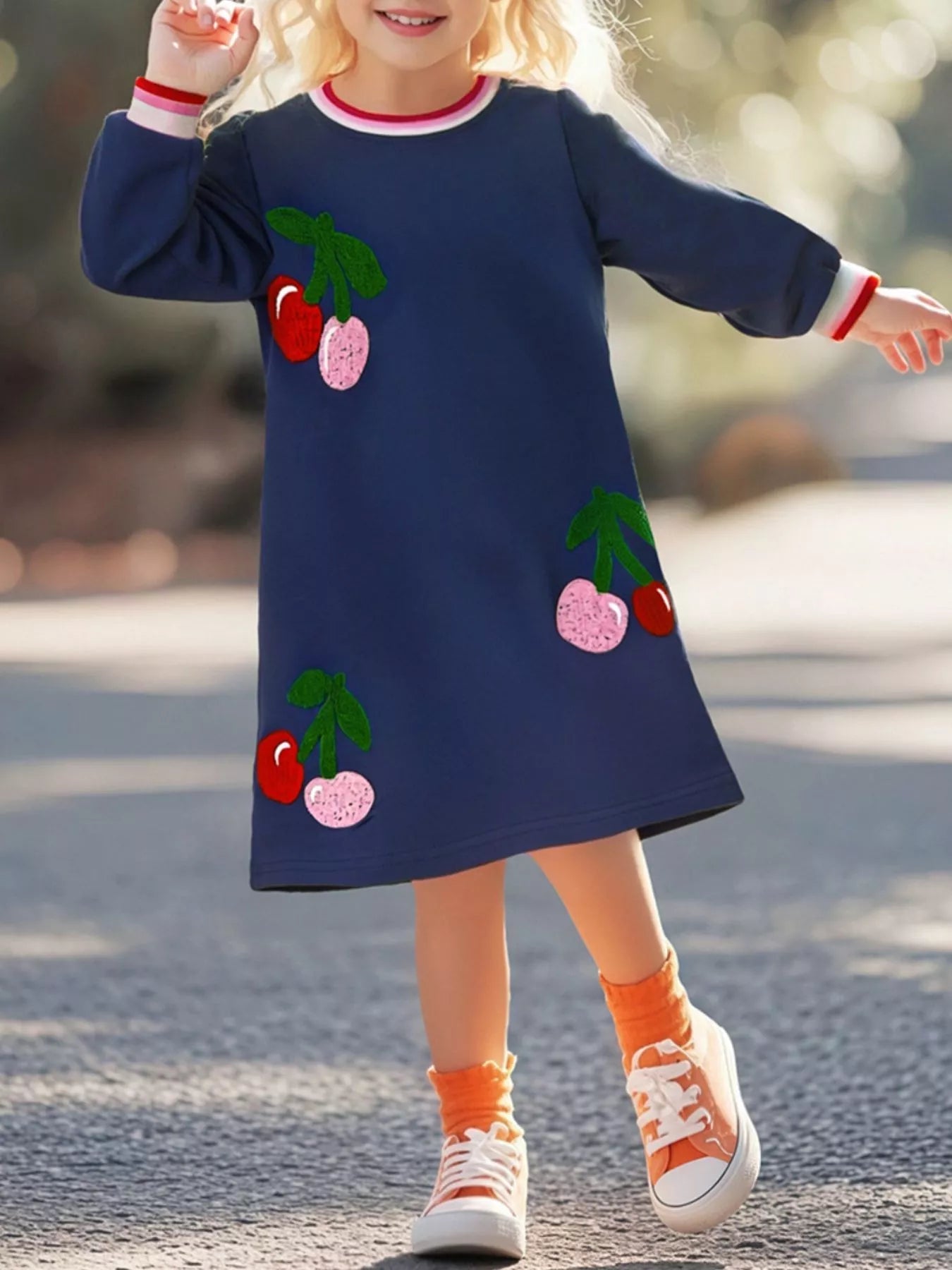 Cherry Applique Long Sleeve Dress - Tiny Haven