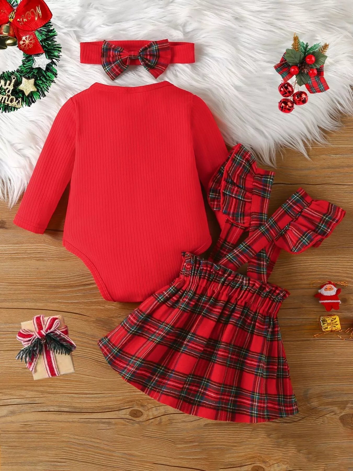 Children's First Christmas Bodysuit and Plaid Dress Outfit Set with Headband - Tiny Haven