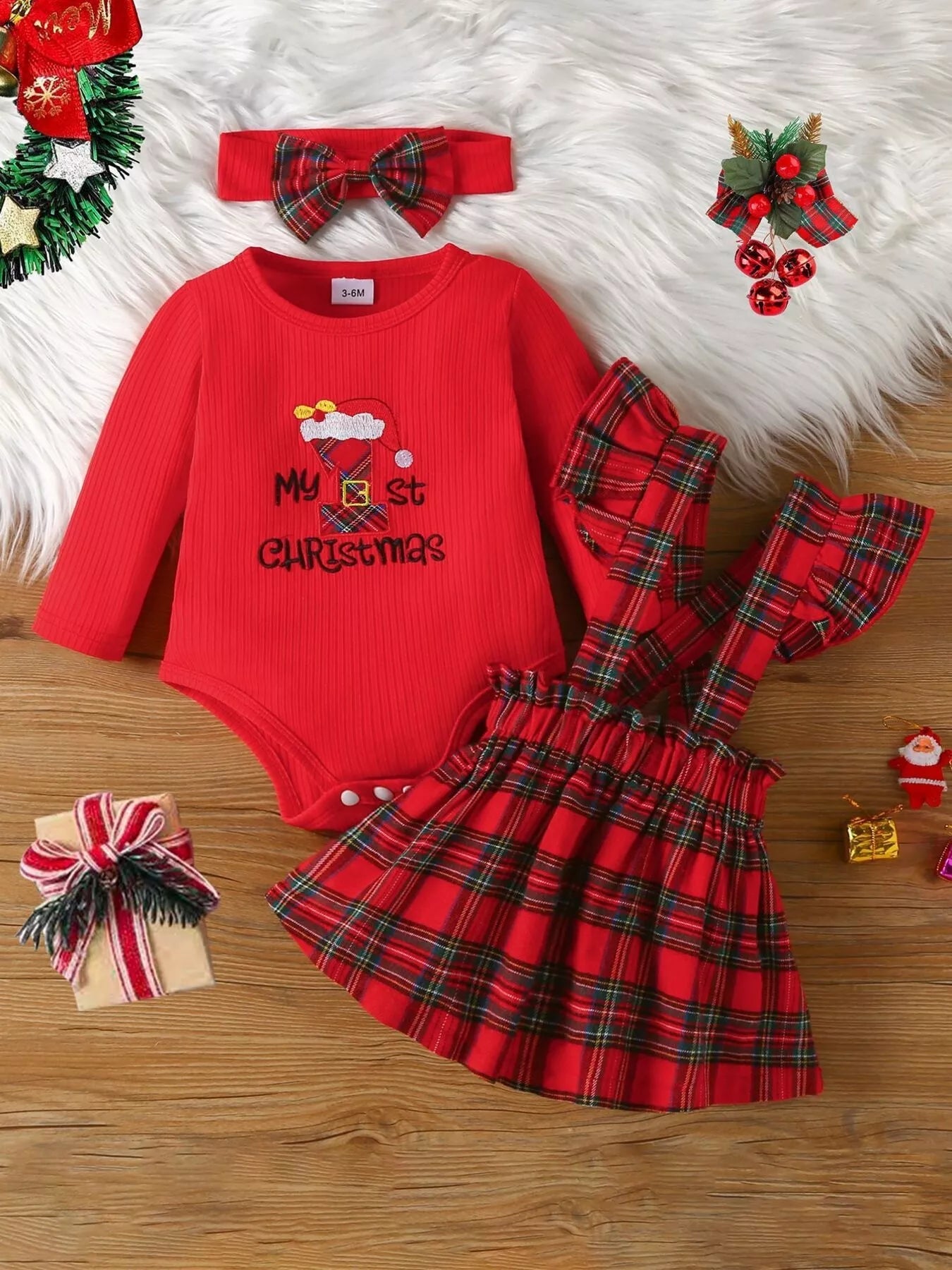 Children's First Christmas Bodysuit and Plaid Dress Outfit Set with Headband - Tiny Haven
