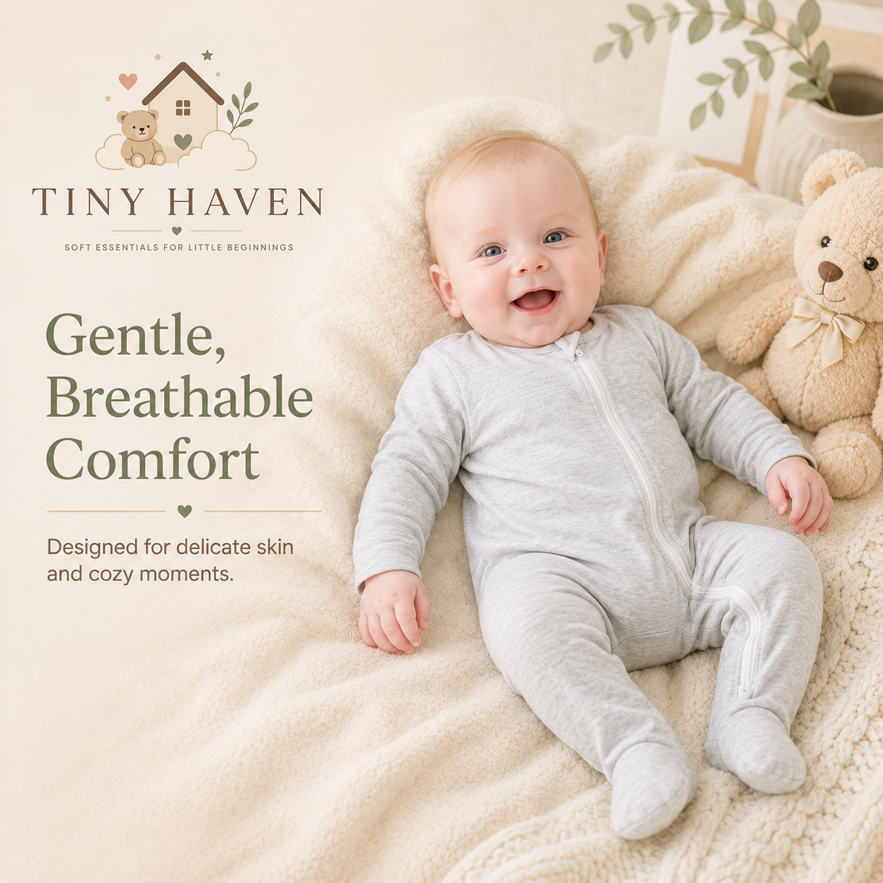 Baby relaxing in gray bamboo long sleeve sleeper on a soft cream nursery blanket