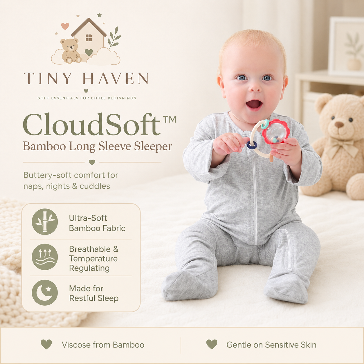 Tiny Haven CloudSoft bamboo long sleeve sleeper in heather gray for soft baby comfort