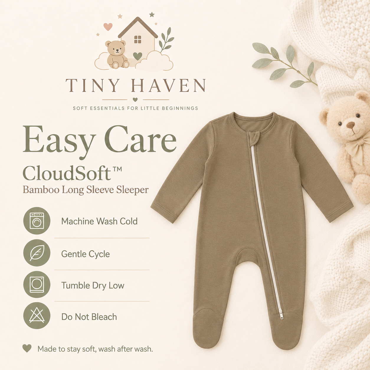 Easy care instructions for Tiny Haven CloudSoft bamboo long sleeve sleeper