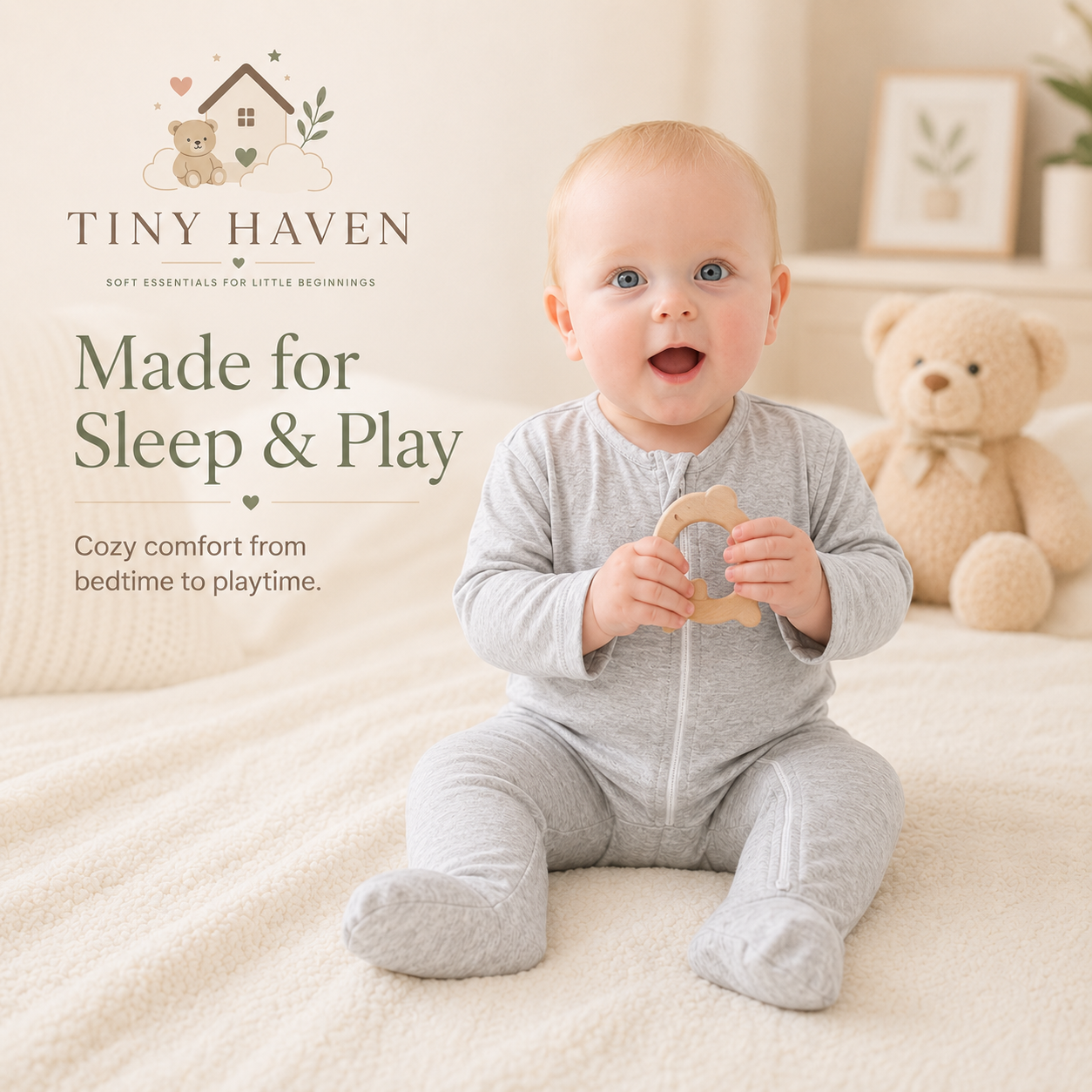 Baby wearing gray CloudSoft bamboo sleeper during cozy sleep and play time