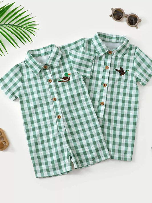 Gingham Duckling Embroidered Romper - Tiny Haven