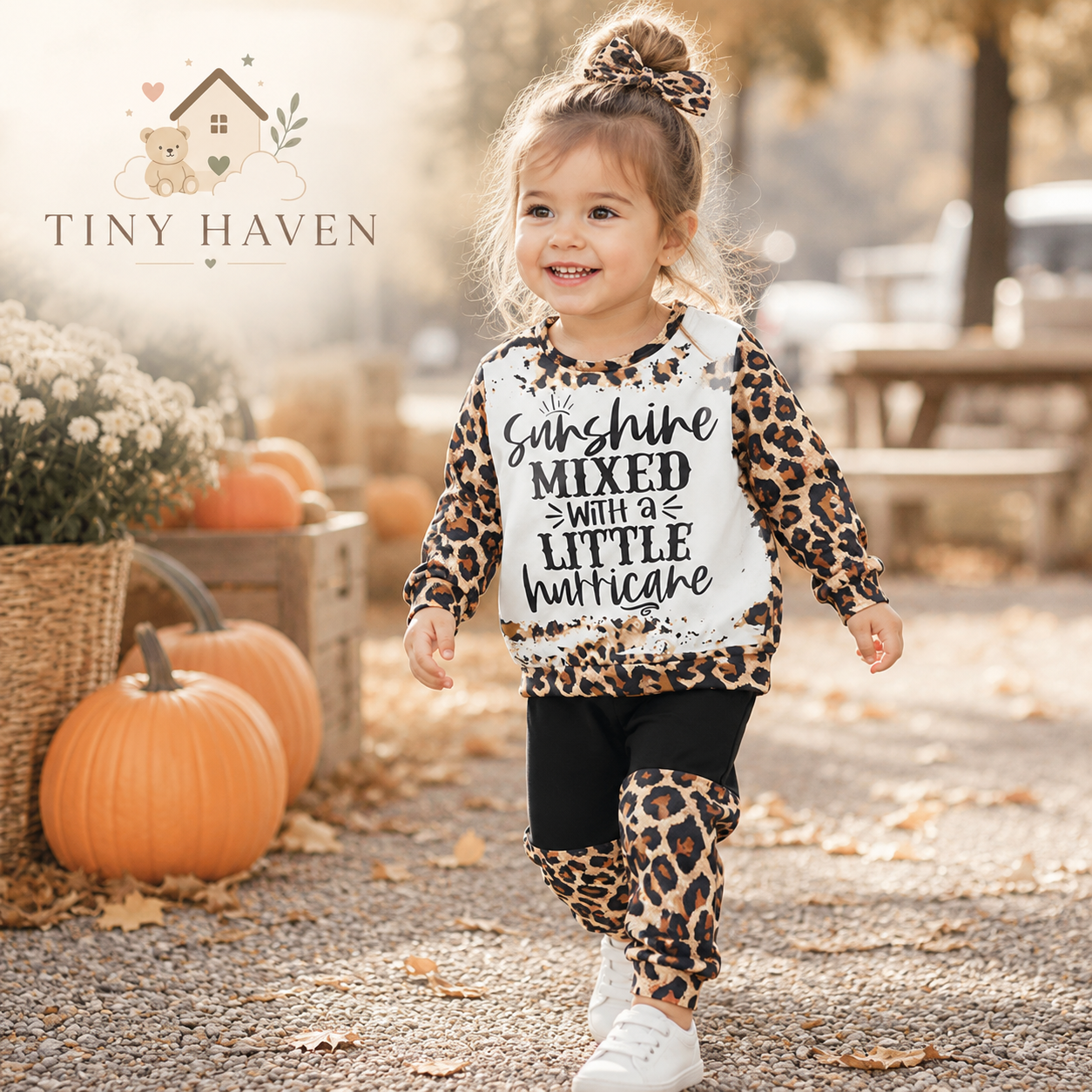Toddler wearing the leopard print sweatsuit outdoors during fall with pumpkins and warm seasonal decor.