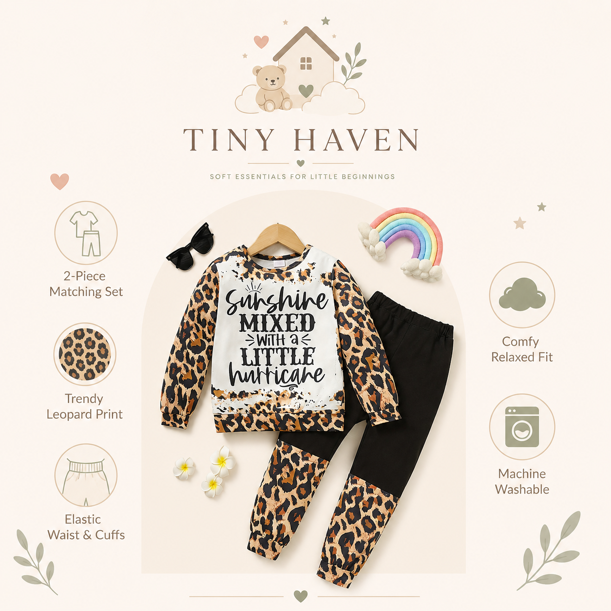 Features graphic for the toddler leopard sweatsuit showing matching set, leopard print, comfy fit, and machine washable design.