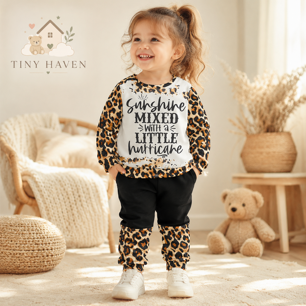 Smiling toddler wearing the Sunshine Hurricane leopard sweatsuit in a cozy neutral nursery.
