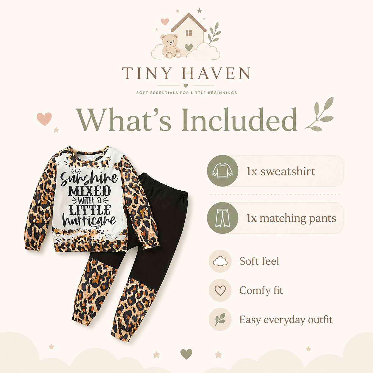 What’s included graphic showing the leopard print sweatshirt and matching pants set.