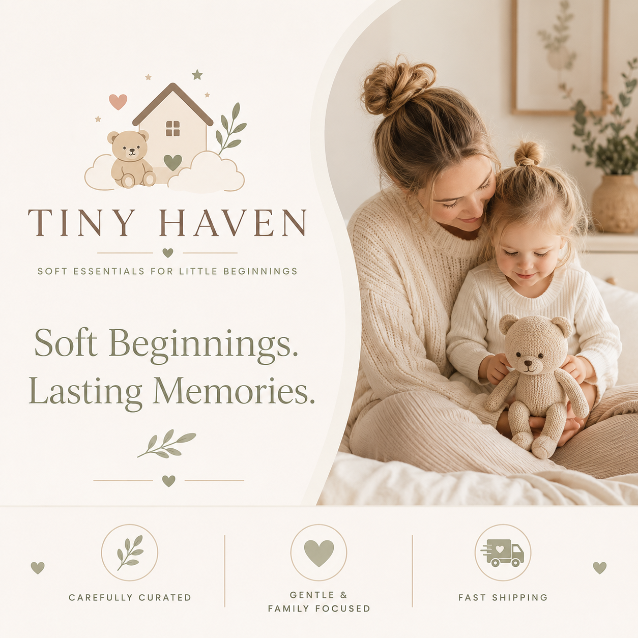 Tiny Haven branded closing image with Soft Beginnings, Lasting Memories message and family-focused trust icons.